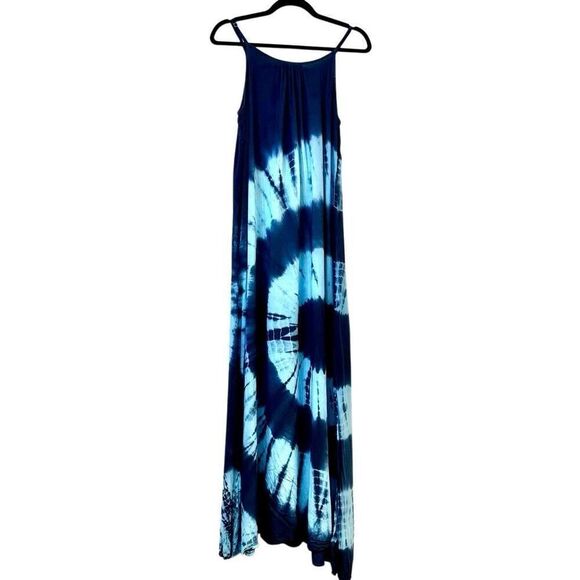 Riviera Sun Spaghetti Strap Tie Dye Side Slit Long Maxi Sundress Blue Large - Picture 1 of 4